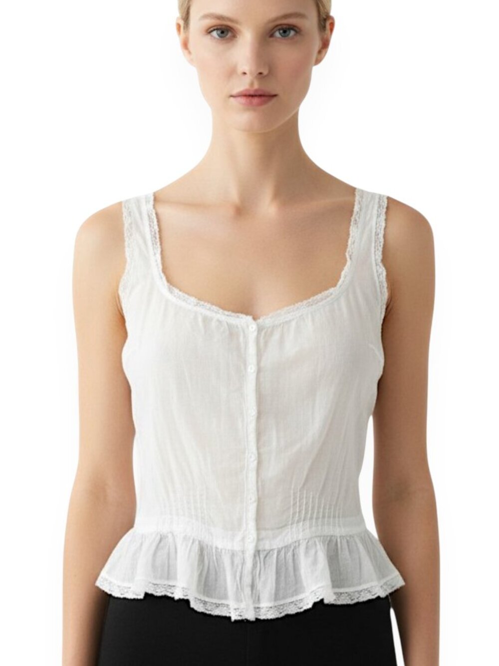 Forte Forte Italy White Cotton Button Front Camisole Boho Lace Trim Top III / L